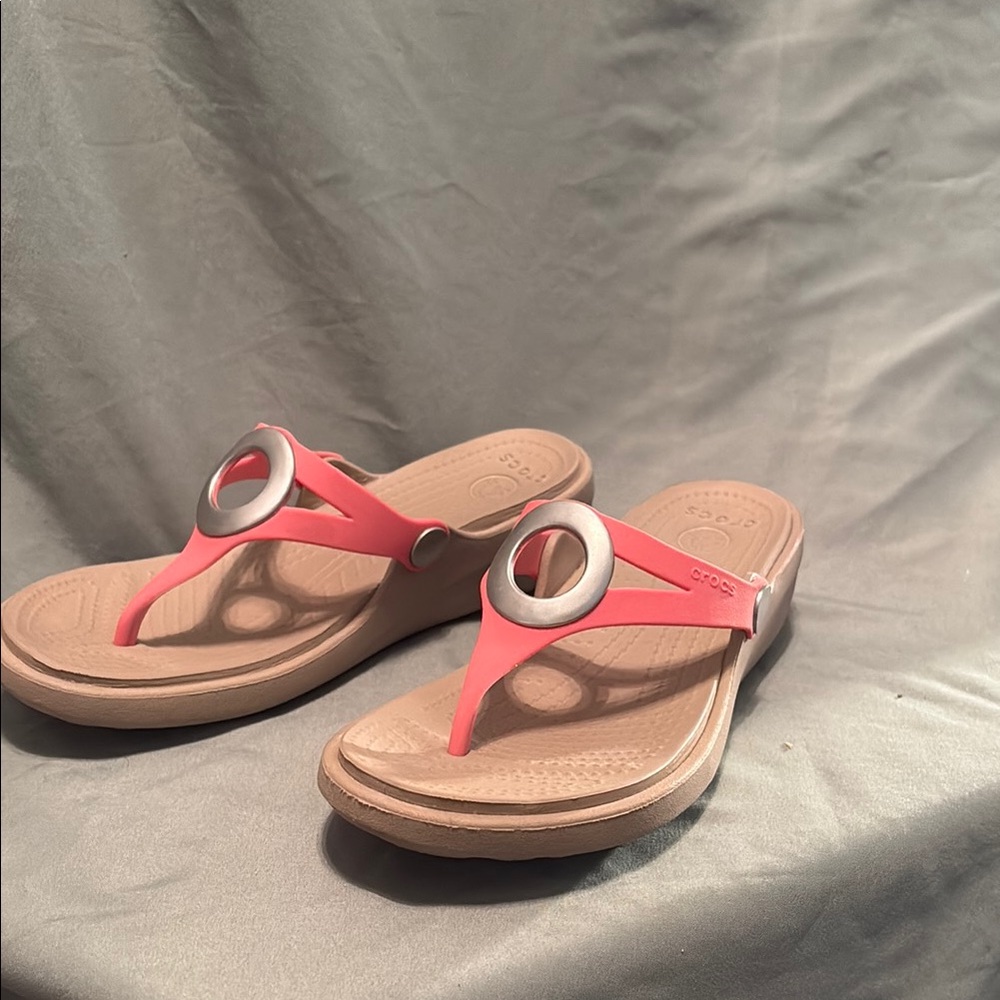 CROCS Pink and Tan Sandals with Cushioned Sole